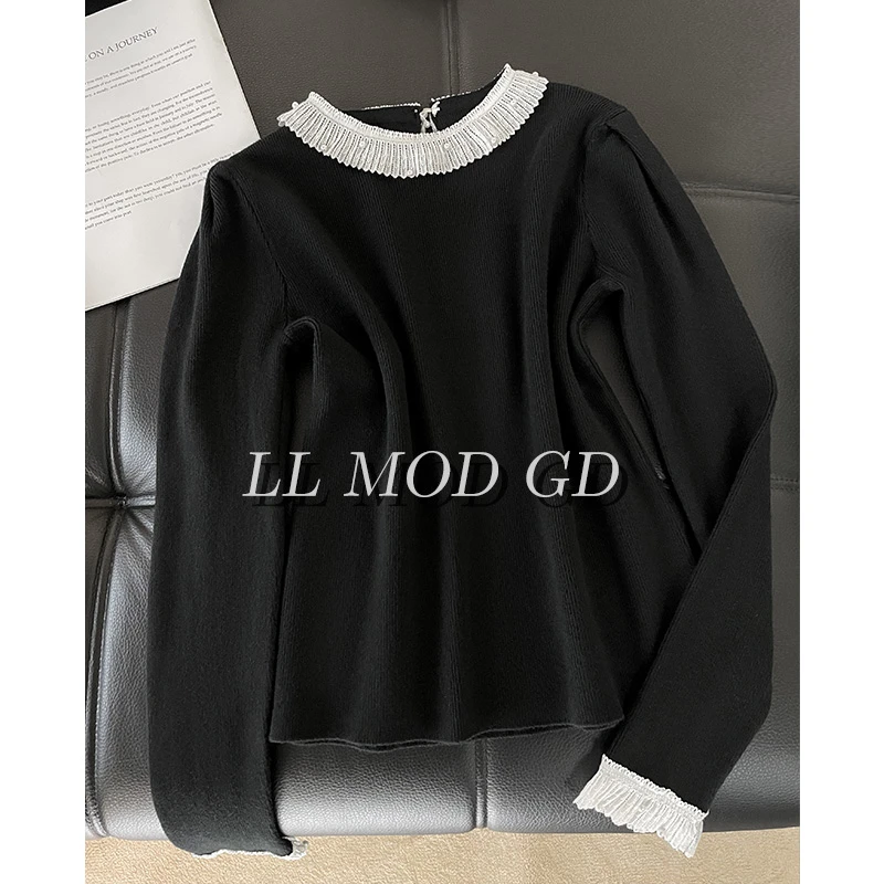 小香佳人 长袖圆领毛衣女款秋冬季百搭蕾丝拼接针织上衣YL-255210