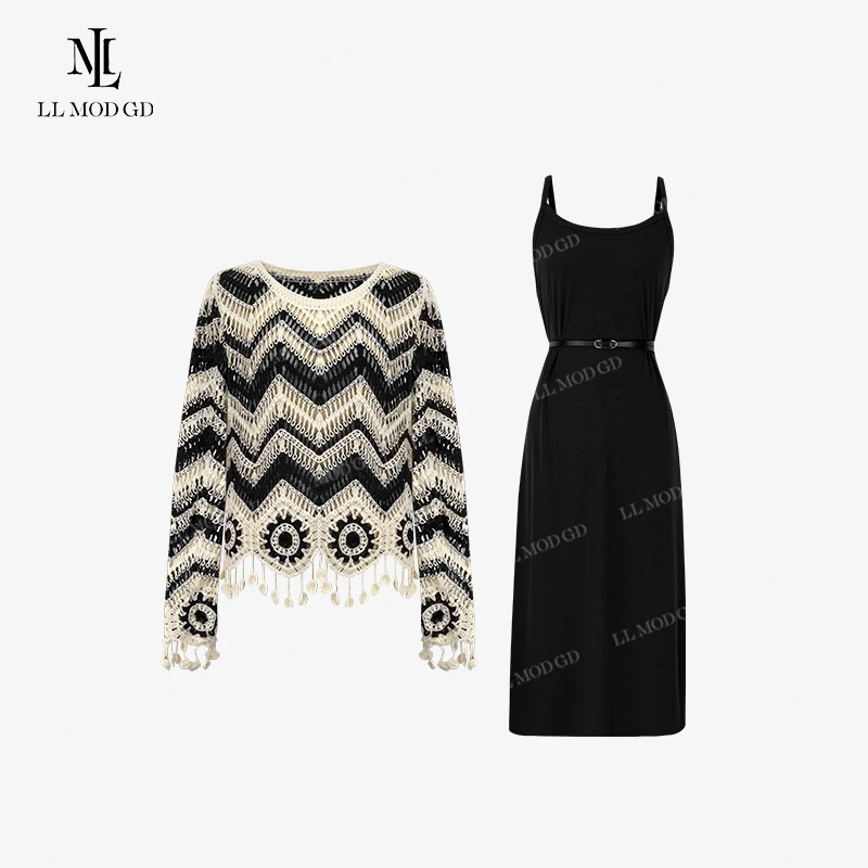 LL·MOD·GD2024早秋镂空钩花上衣+时尚半身裙时尚三件套YL-252566