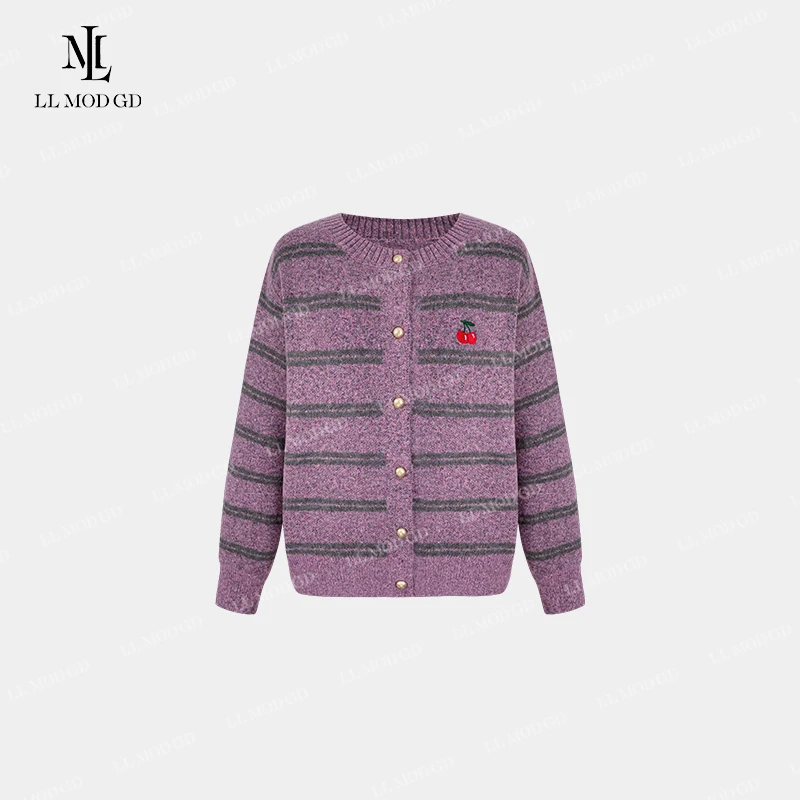 樱桃小嘤  长袖宽松针织衫女秋季百搭圆领条纹上衣YLXR-253839