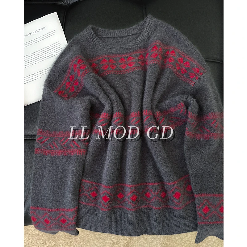 水獭皮毛  长袖宽松毛衣女款秋冬保暖百搭圆领针织上衣YL-255034