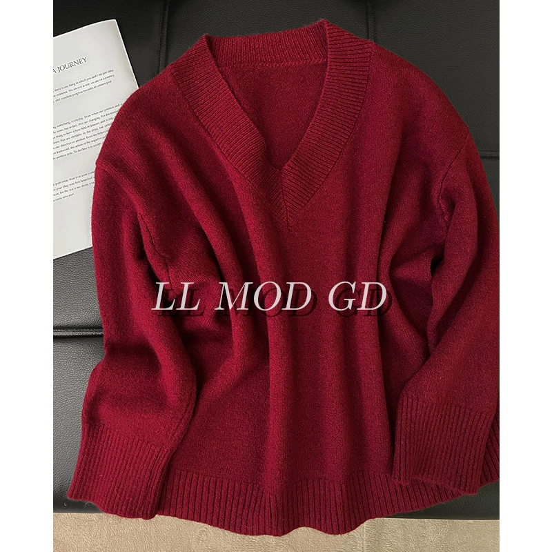 梦意  长袖宽松毛衣女秋冬保暖百搭V领厚款针织毛衣上衣XR-255021