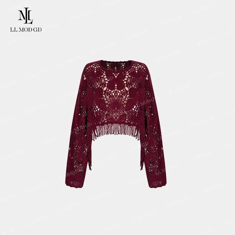 【莉莉家】蝴蝶刺绣镂空流水针织衫2024早秋设计感上衣XR-252814