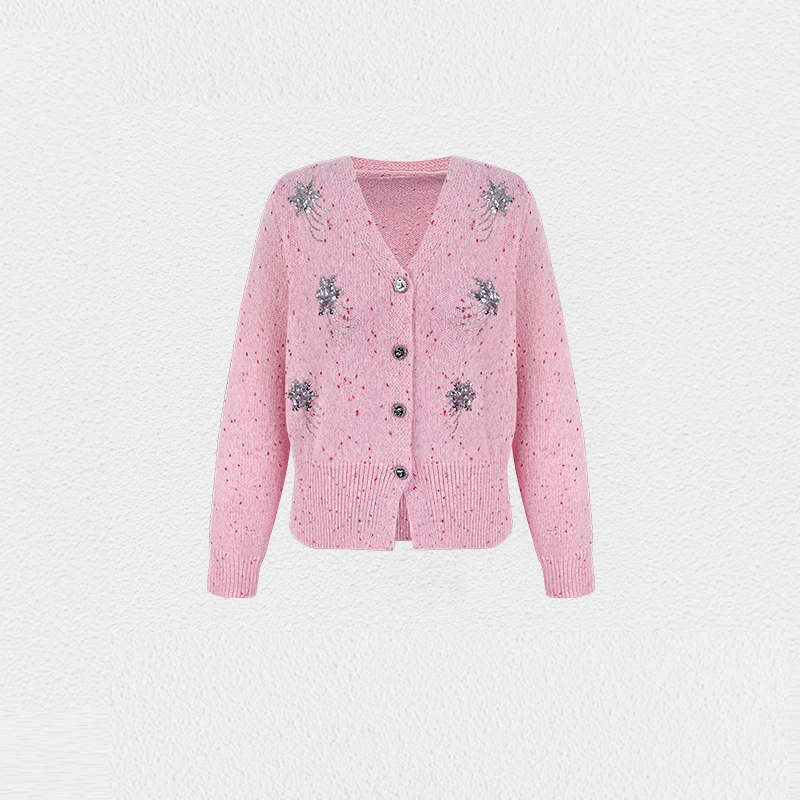 烟花 长袖宽松针织衫女款秋冬V领宽松保暖百搭毛衣上衣XR-254908