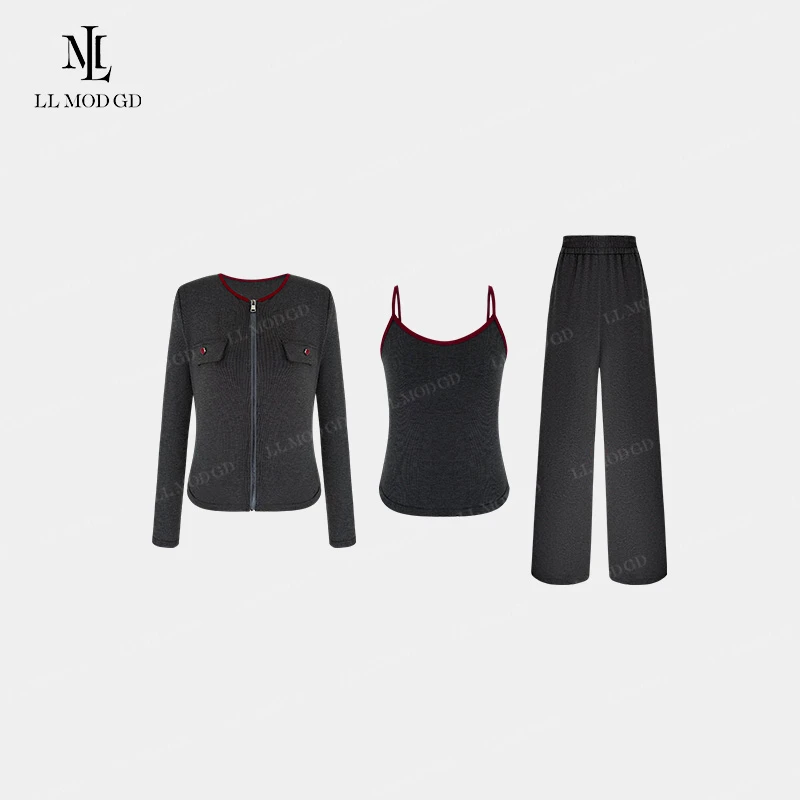 懒人必备 长袖套装秋季女款休闲短款外套吊带长裤三件套XR-252812