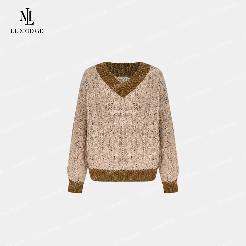 暖云天 时尚V领撞色宽松气质针织毛衣上衣CY-253780