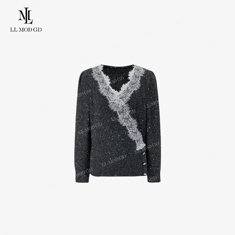 雪中送炭  长袖V领针织衫女早秋气质百搭蕾丝边打底上衣LL-252646