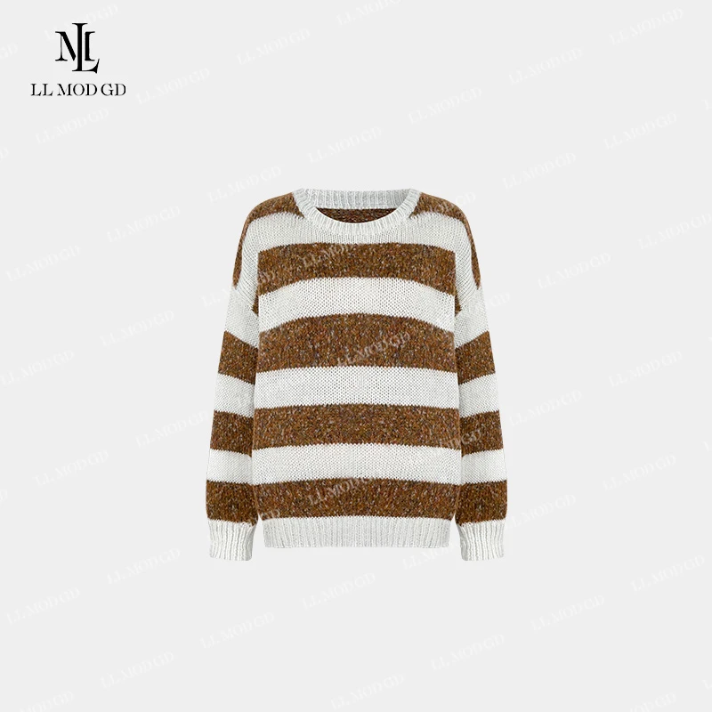 绝美女孩 长袖宽松针织衫女秋冬条纹圆领套头百搭上衣YLXR-253798