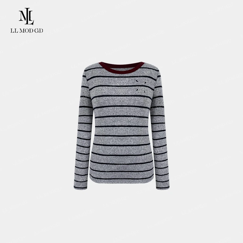 折个纸飞机 长袖圆领针织衫女秋冬修身显瘦条纹百搭上衣LL-254747