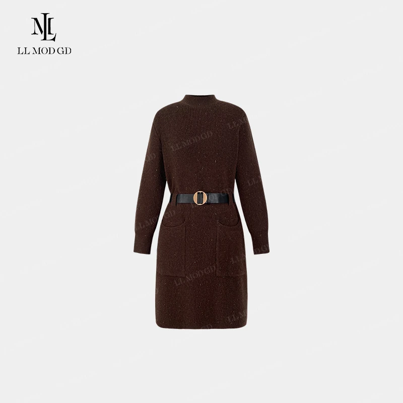 点缀银星 长袖半高领连衣裙女秋冬休闲气质带腰带连衣裙YL-254106