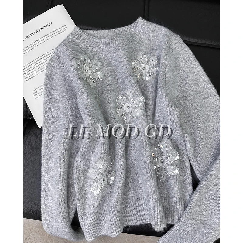 如花似锦  长袖圆领针织衫秋冬女百搭亮片套头毛衣上衣YL-254725