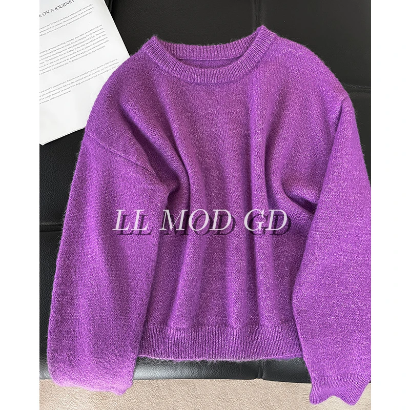绝绝紫 长袖圆领套头针织衫秋冬季女款宽松慵懒毛衣上衣YL-255288