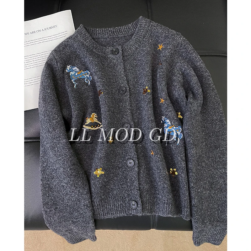 天马行空 长袖圆领针织衫秋冬女款百搭开衫毛衣上衣YLXR-254772