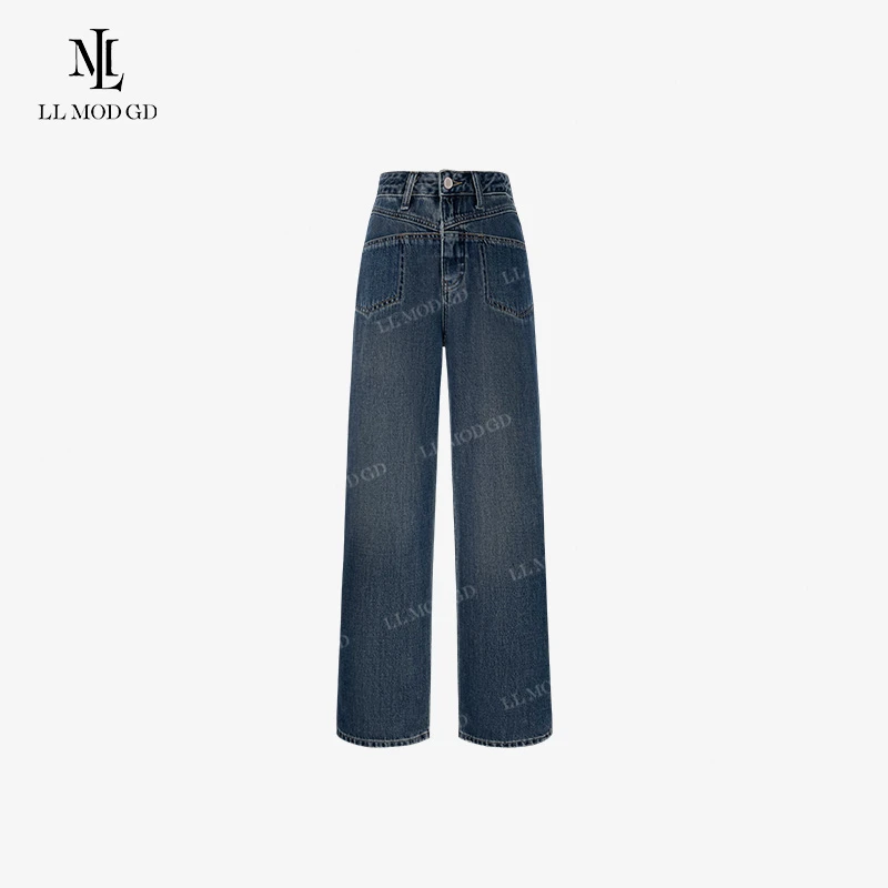 修腿神裤 长裤秋季女款休闲复古百搭高腰直筒阔腿牛仔裤YL-252628