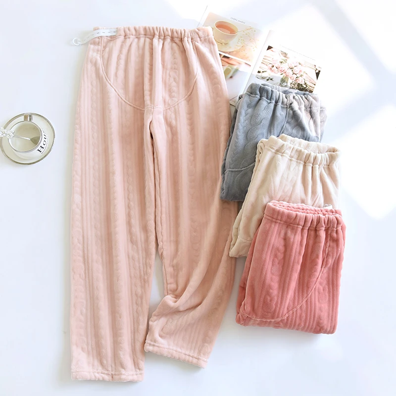 法兰绒孕妇睡裤冬季加厚保暖可调节托腹裤珊瑚绒长裤加绒家居裤