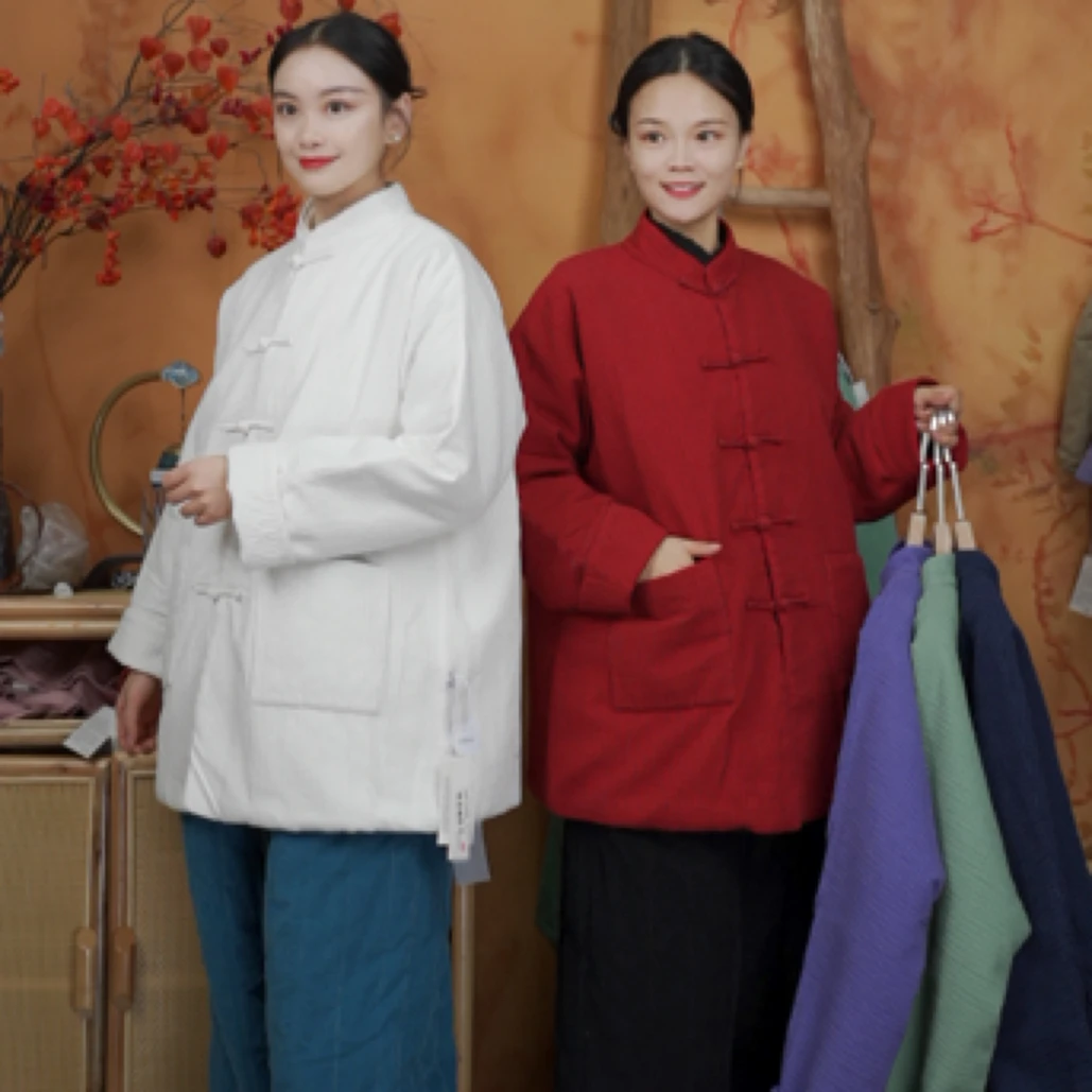 七初的布衣 男女同款四零亚麻显瘦中长款加棉对襟棉服