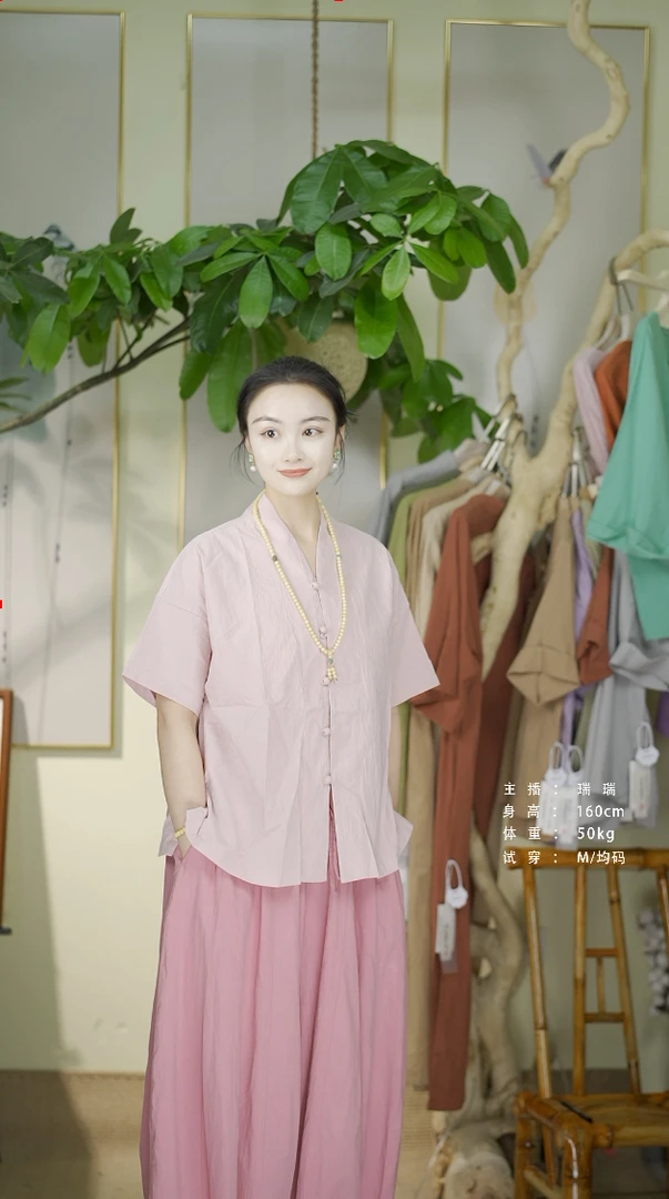 七初的布衣  盛夏30支新中式汉服领对襟五盘扣短袖禅意上衣