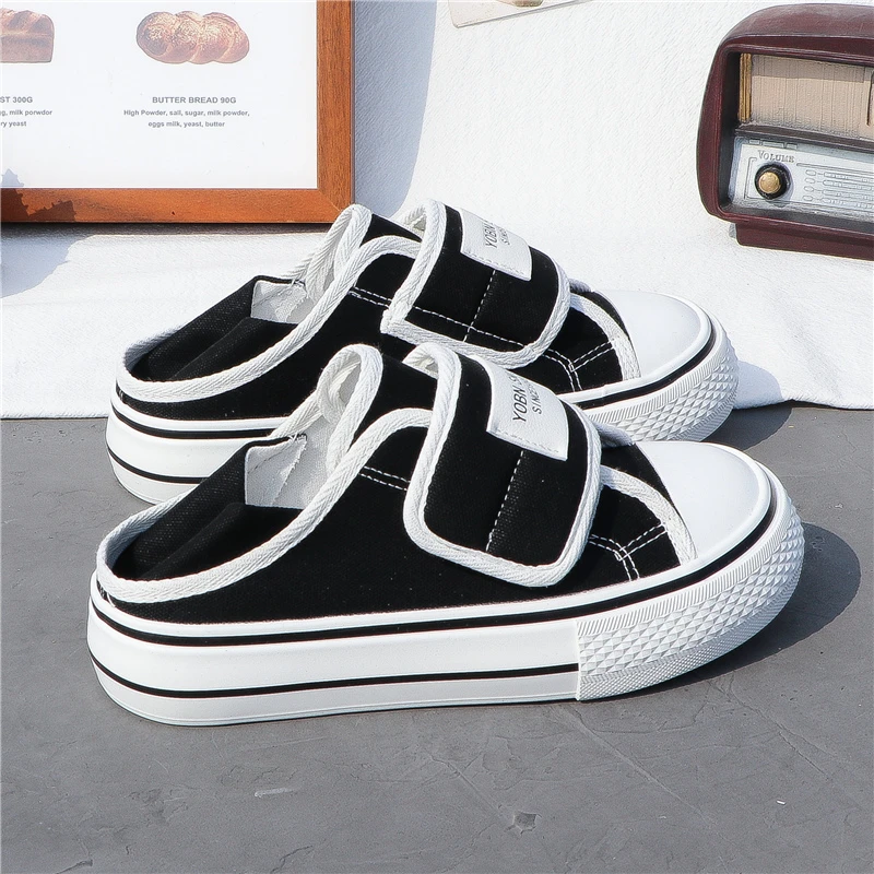 小众魔术贴两穿半托帆布鞋女2024春夏新款ins一脚蹬休闲小白鞋女