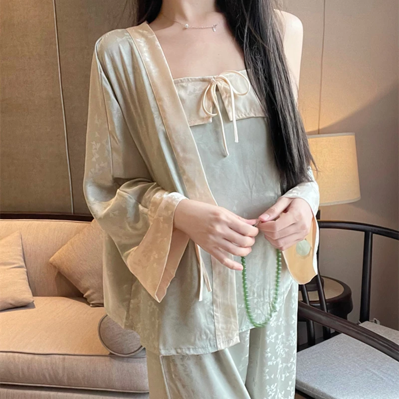 国风睡衣女春秋款冰丝吊带长袖三件套带胸垫新中式复古四季家居服