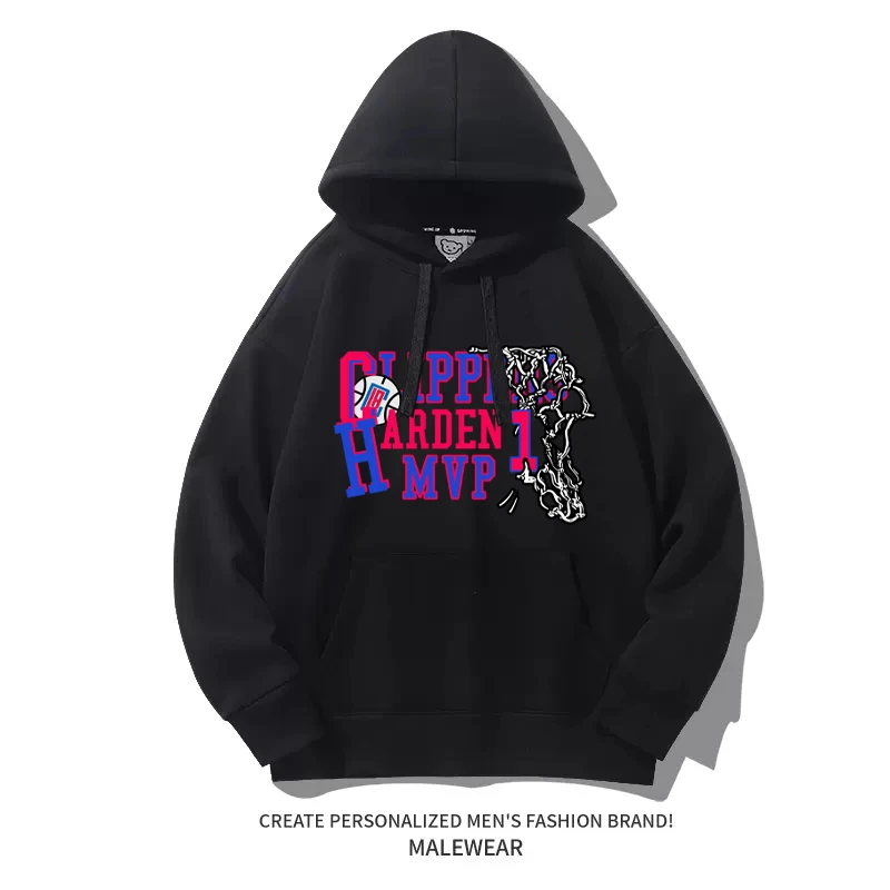 快船哈登新赛季新款卫衣男外套宽松户外美式连帽衫篮球衣长袖加绒