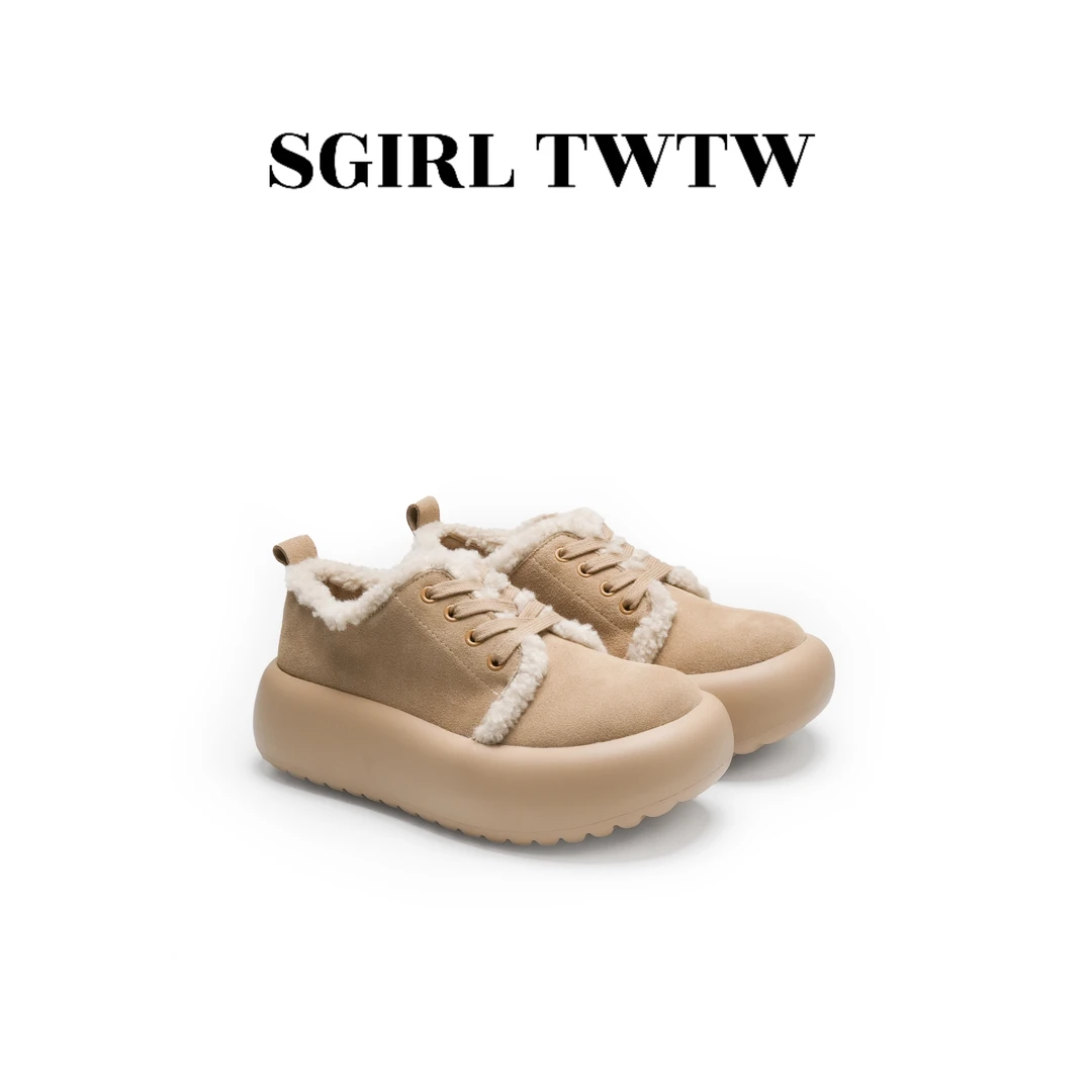 SGIRL TWTW松糕面包鞋女厚底冬季加绒复古软底百搭丑萌休闲板鞋