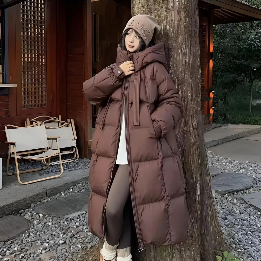 轻奢飘带连帽韩版棉服2025年冬季新款加厚过膝长款外套ins