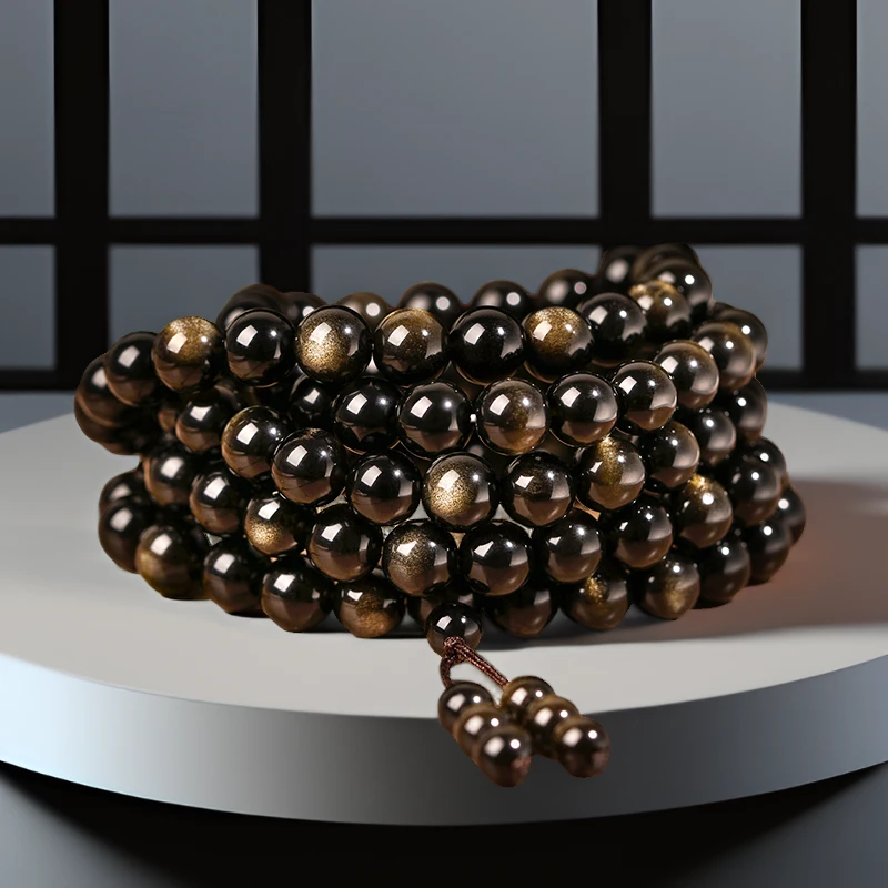 天然黑曜石108颗佛珠手链男女手链手串轻奢时尚简约风国潮秋冬
