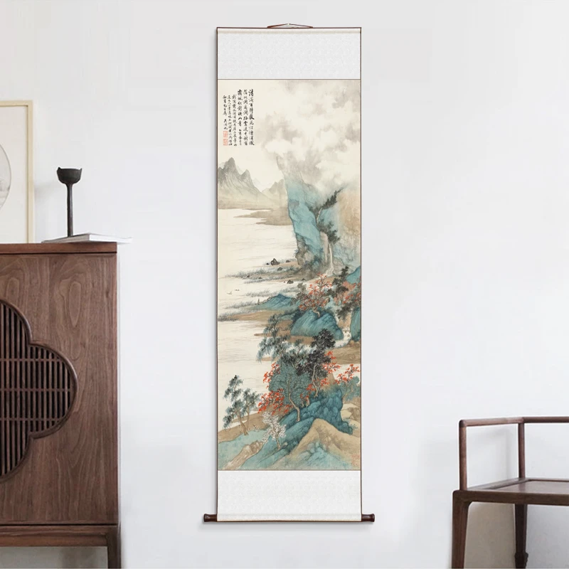 (粉丝福利)霜林烟浦卷轴挂画现代水墨超清喷绘作品客厅玄关装饰画
