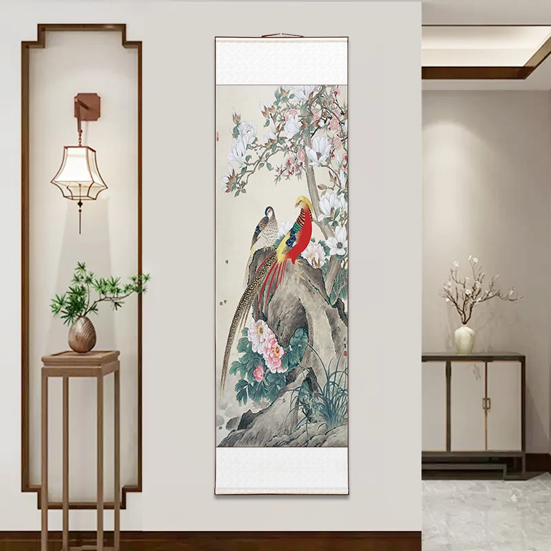 继高锦鸟玉兰图卷轴挂画新中式客厅装饰画玄关画办公茶室书房壁画