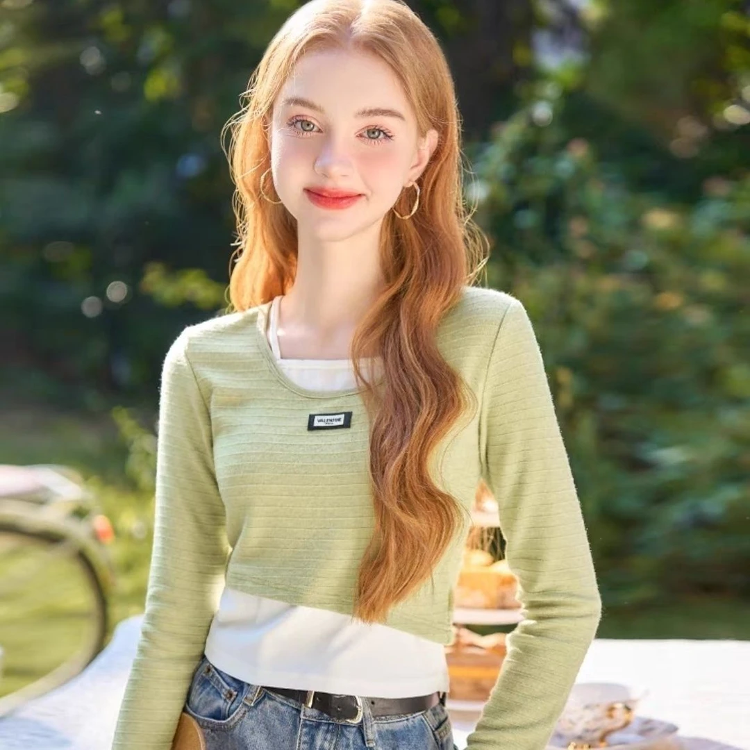 绿色假两件长袖t恤女2024春季新款超好看修身内搭别致打底衫上衣