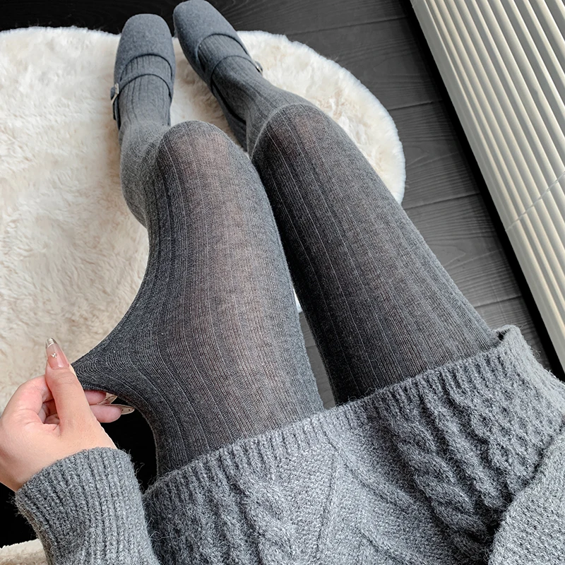 韩国东大门棉宽条深灰色打底裤袜女春秋款miu系浅灰烟灰色连裤袜