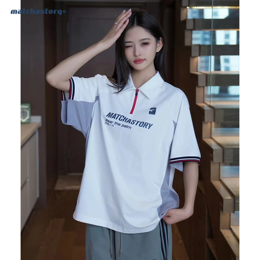 抹茶故事美式潮牌撞色拼接索罗那翻领撞色夏季POLO衫男女休闲短袖