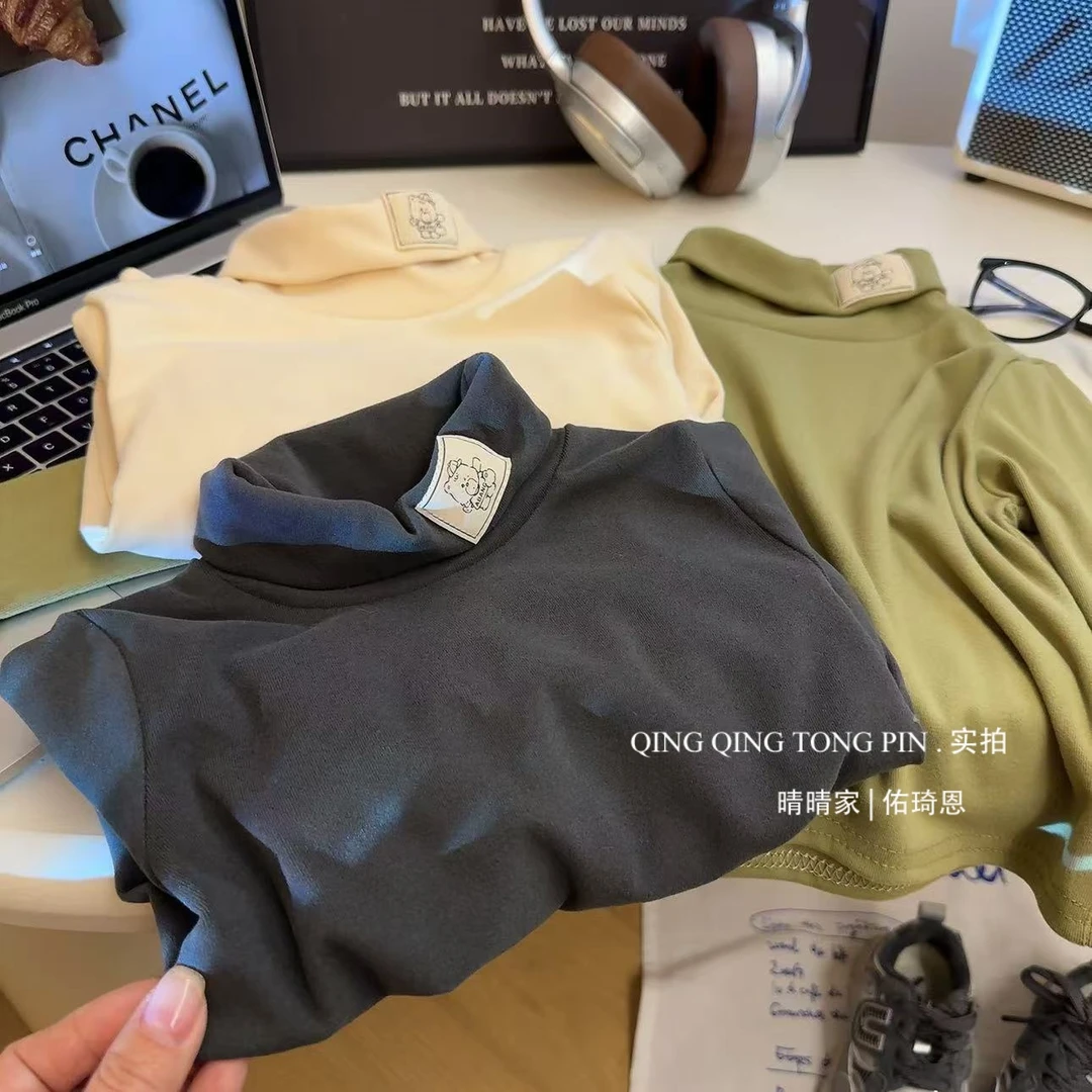 2024新款百搭保暖秋冬百搭儿童高领磨毛打底衫男女弹力长袖T恤潮