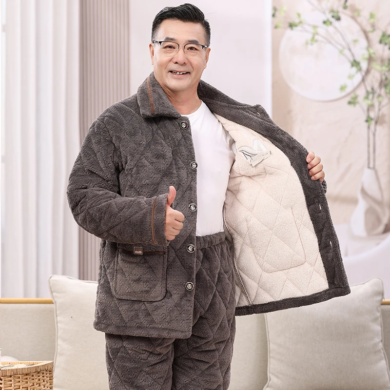 中老年冬季男士睡衣三层夹棉加绒加厚款外穿男款珊瑚绒家居服套装