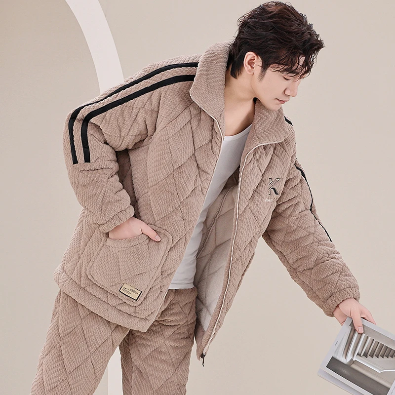 珊瑚绒睡衣男士秋冬款加厚加绒保暖三层夹棉冬季法兰绒家居服套装