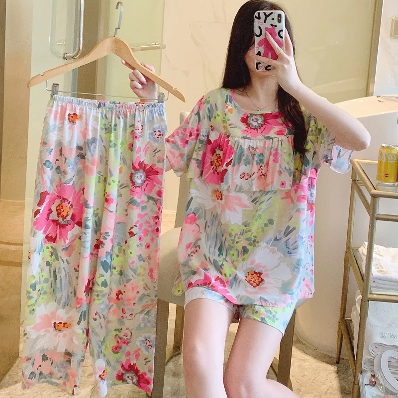 防凸点三件套棉绸睡衣女春秋夏短袖长裤绵绸家居服人造棉套装外穿