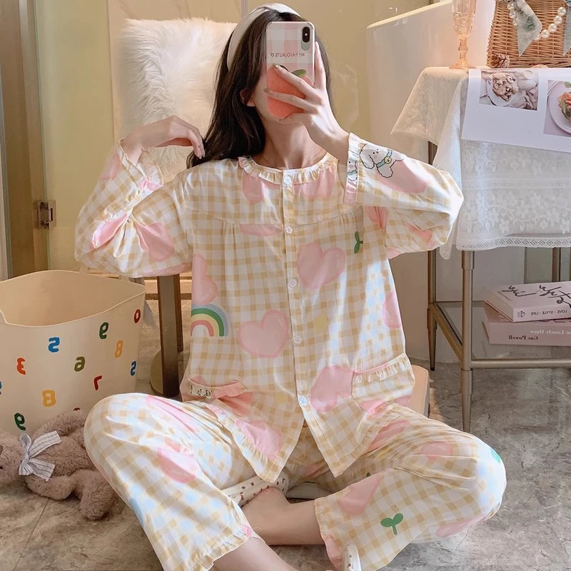 纯棉睡衣女春秋长袖梭织棉布家居服全棉套装夏季薄款大码贴身亲肤