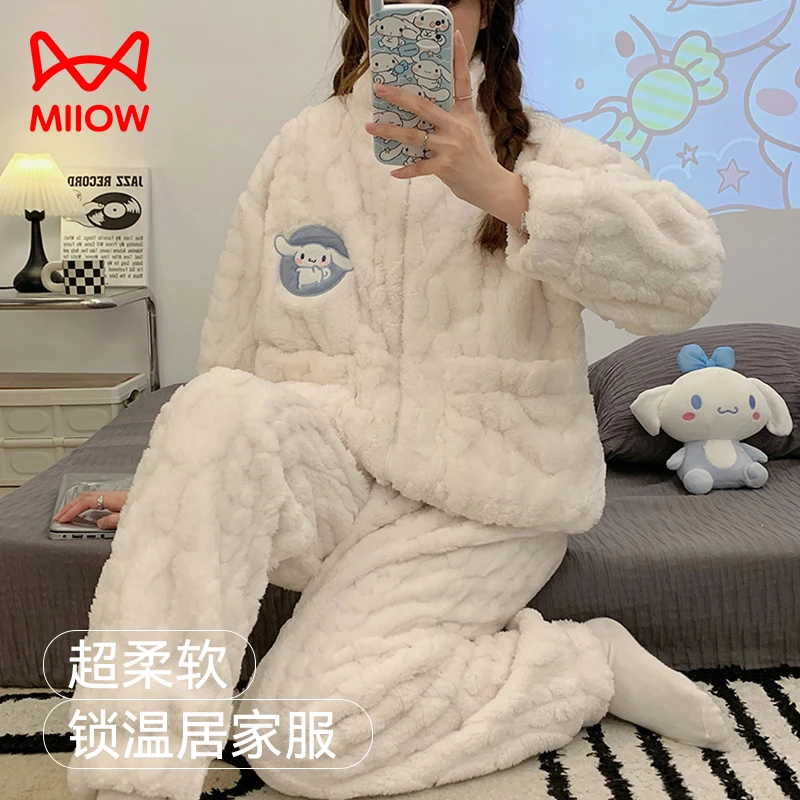 猫人睡衣女冬季珊瑚绒舒适可爱加厚保暖套装法兰绒甜美大码家居服