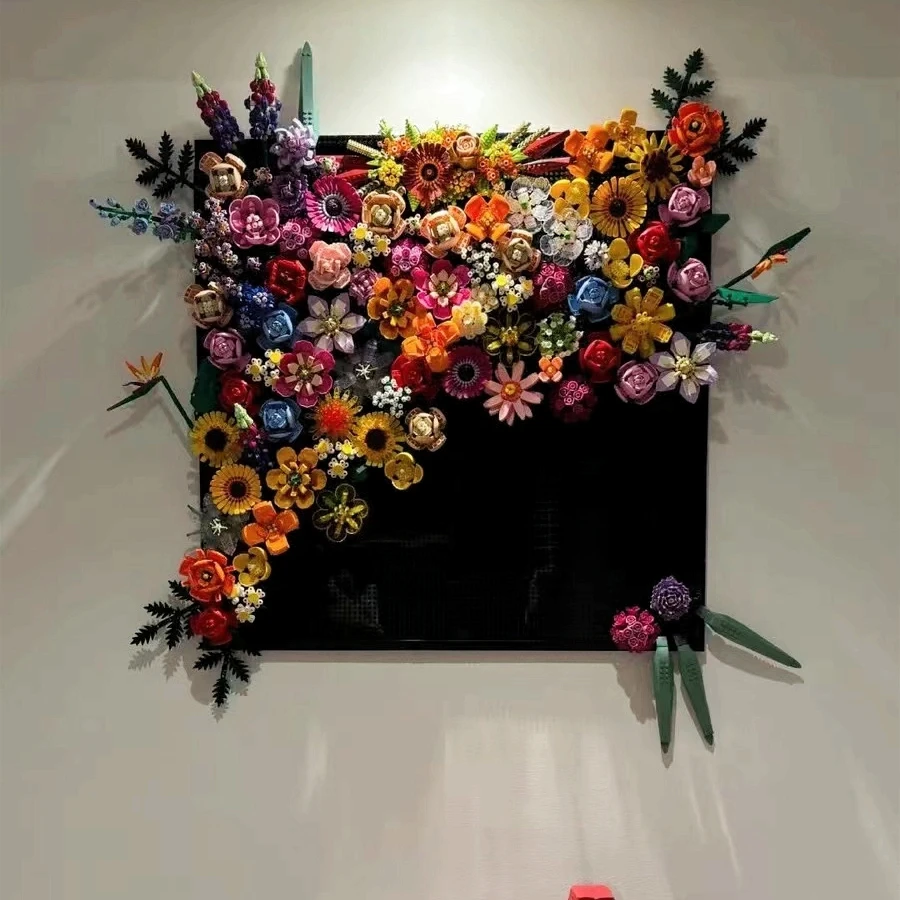 国产积木花墙2024新款花束玫瑰花女孩系列拼装客厅背景墙积木挂画