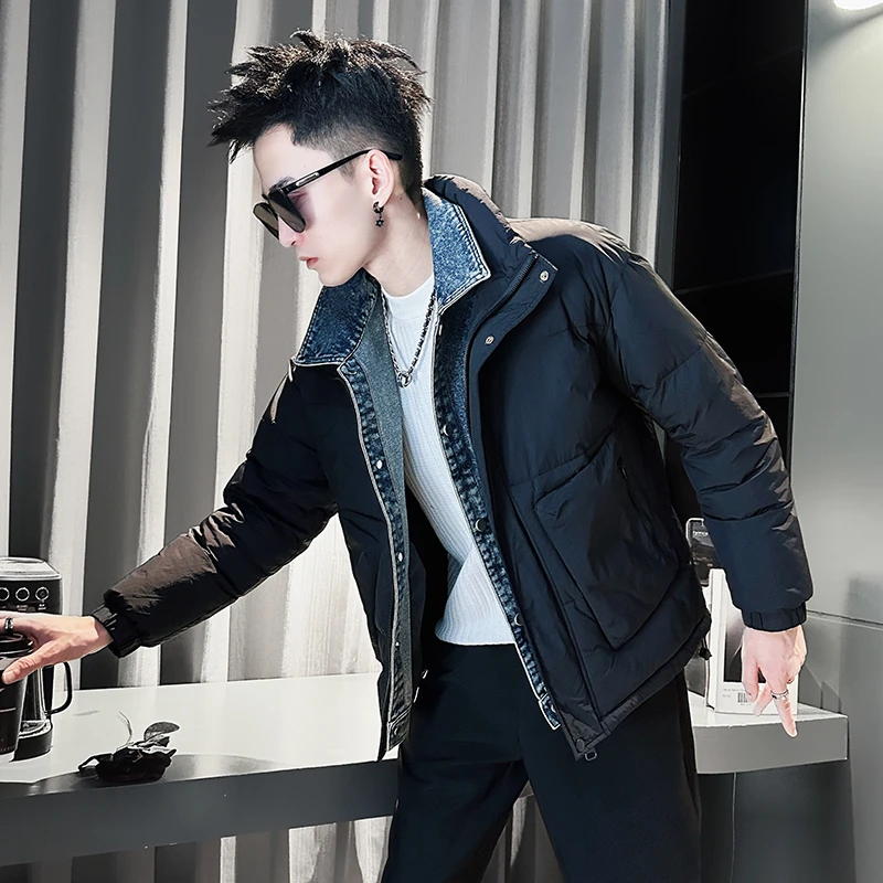 假两件拼接牛仔棉服外套男士冬季新款潮牌休闲男款加厚保暖棉袄子