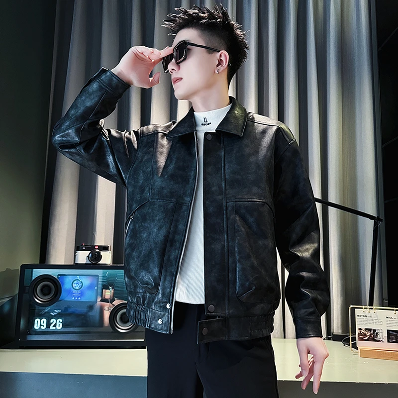 痞帅做旧皮衣外套男士2024新款爆款潮牌皮夹克春秋款休闲百搭外衣