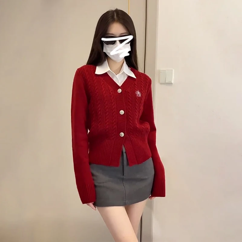 针织外套上衣圣诞慵懒风宽松红色毛衣女设计感开衫秋冬季2024新款