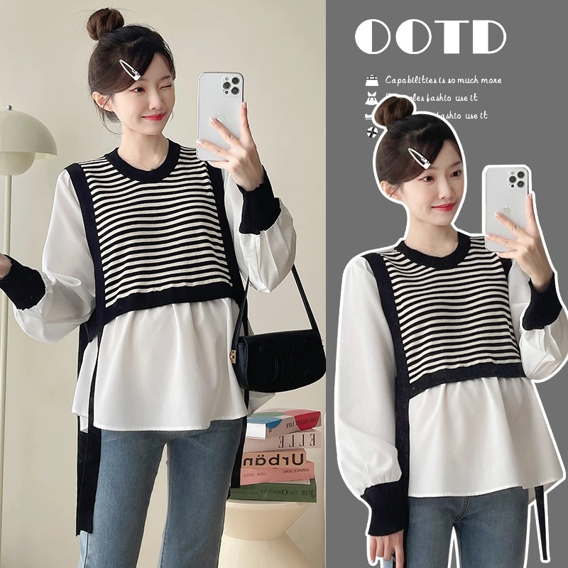 孕妇装2024春秋季新款时尚韩版减龄宽松条纹假两件孕妇长袖上衣