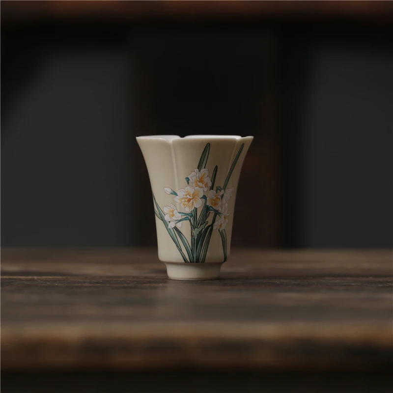 草木灰水仙花主人杯单杯功夫茶具茶杯单个品茗杯陶瓷闻香杯茶道杯