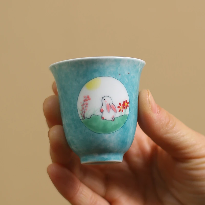 白洒孔雀绿釉纯手绘陶瓷茶杯主人杯单杯功夫茶具品茗杯茶道闻香杯