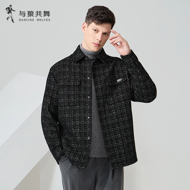 【小香风】与狼共舞25年新款绵羊毛休闲男外套潮流翻领男士保暖夹克