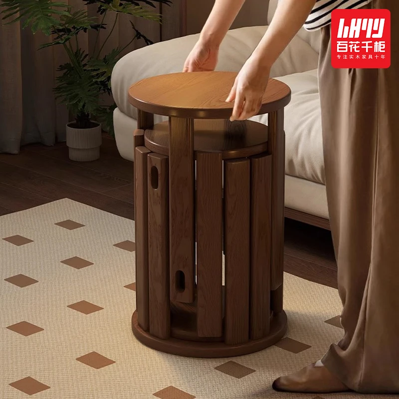 实木圆凳茶几家用可叠放组合凳折叠椅子备用餐桌椅板凳叠叠乐凳子