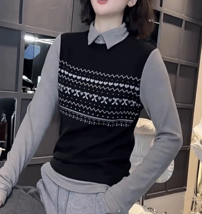 新品时尚双面德绒洋气百搭气质冬季假两件长袖打底衫显瘦女士上衣