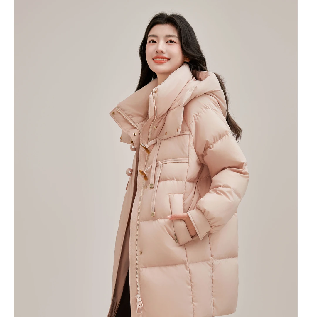 【鸭鸭】官方正品2024粉色新中式盘扣显瘦中长款羽绒外套5285L