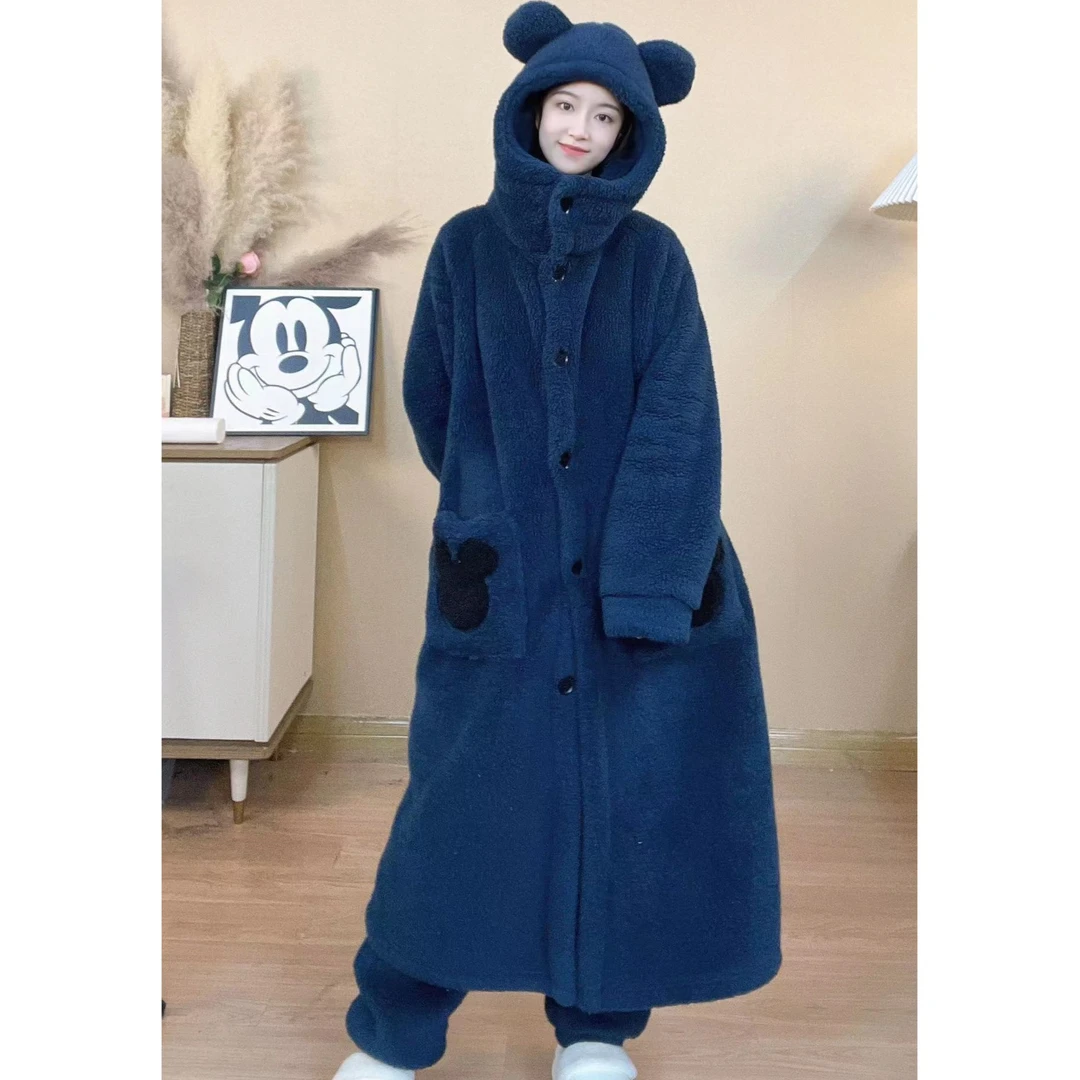 秋冬加绒长款家居服套装睡衣大码连帽宽松中长款加厚浴袍保暖睡袍