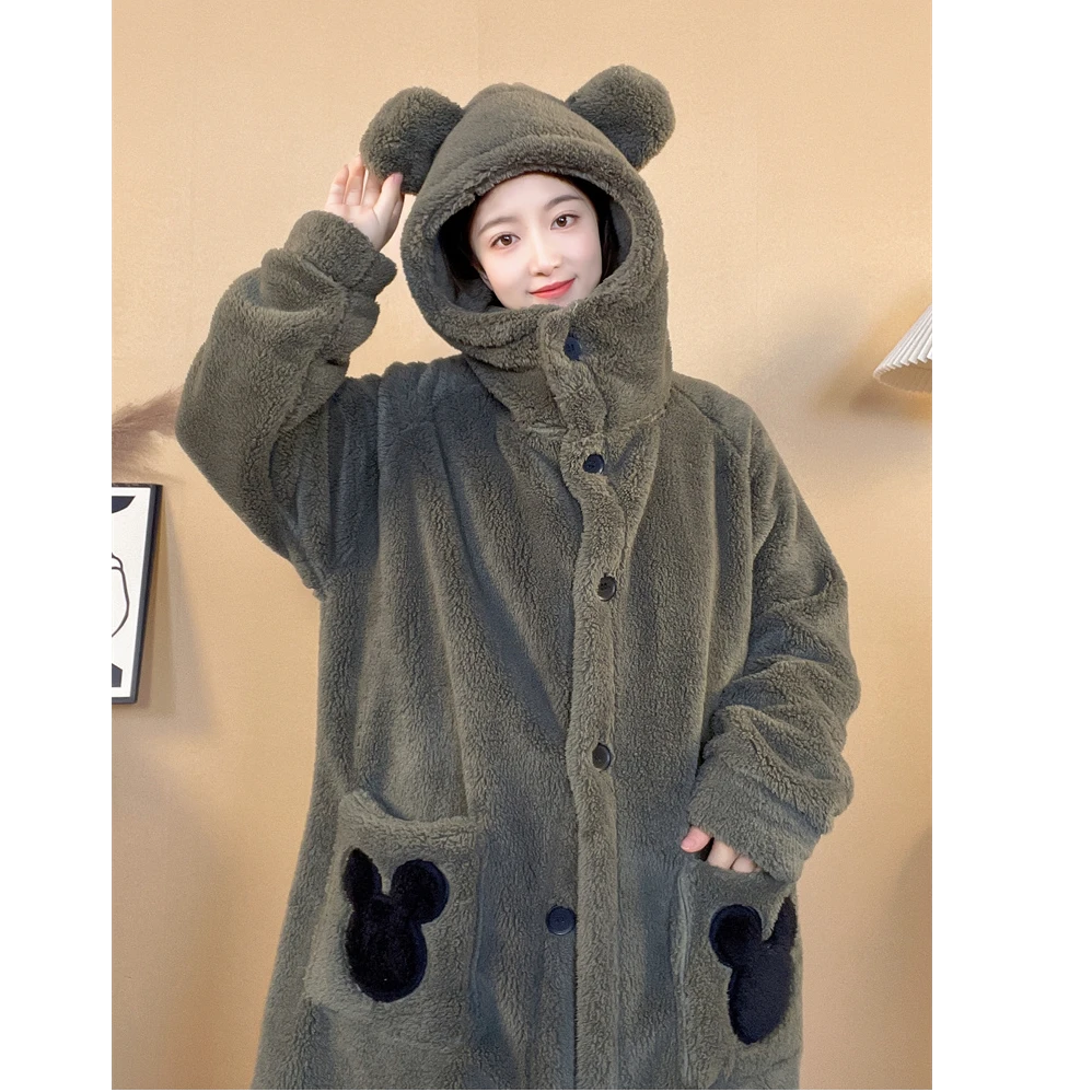 秋冬季韩版大码连帽中长款加绒加厚保暖情侣款卡通睡袍家居服百搭